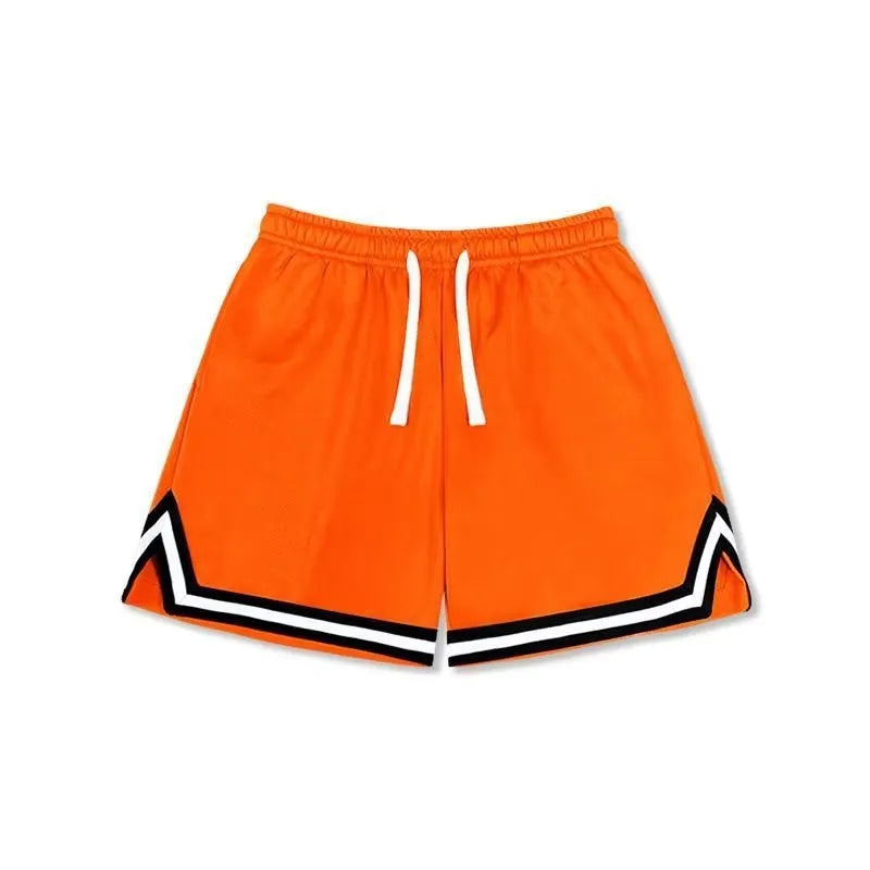 Men's loose-fit polyester sports shorts in multiple colours on a size chart showing XXS to 5XL.