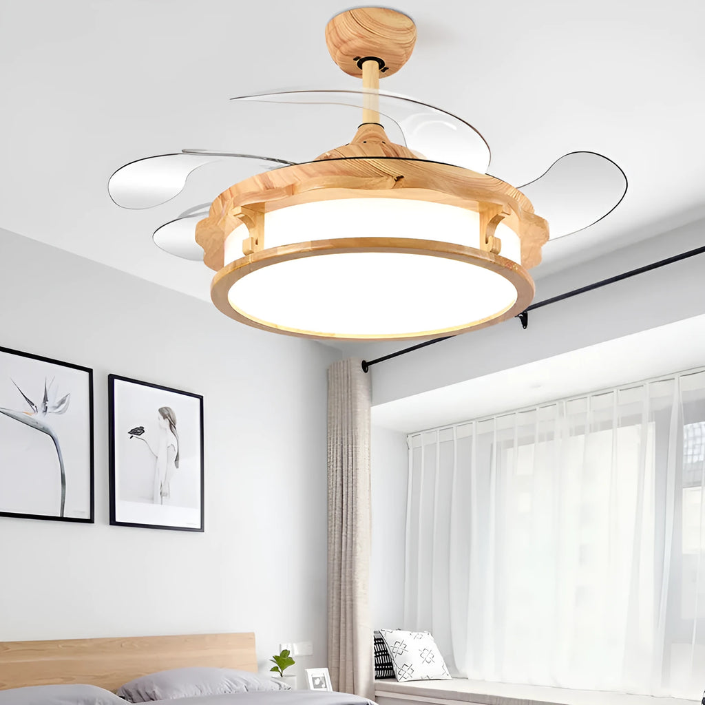Japanese invisible ceiling fan lamp with wood lampshade, ABS blades, beige or yellow, 42 or 48 inch, 220V