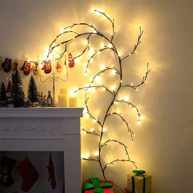 Flexible white birch texture LED vine garland with warm white lights bent into a decorative shape.