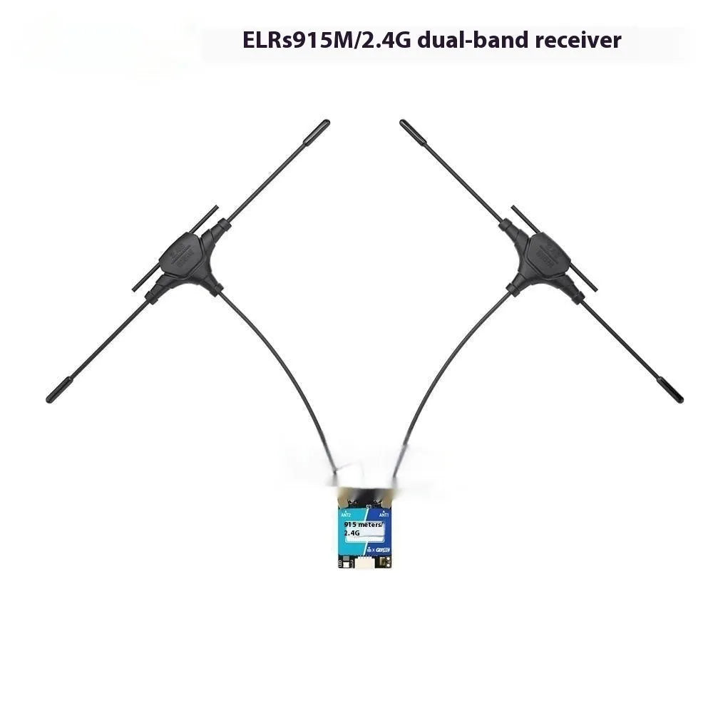 ELRS dual-frequency FPV receiver base station with two T-shaped antennas and installation accessories.