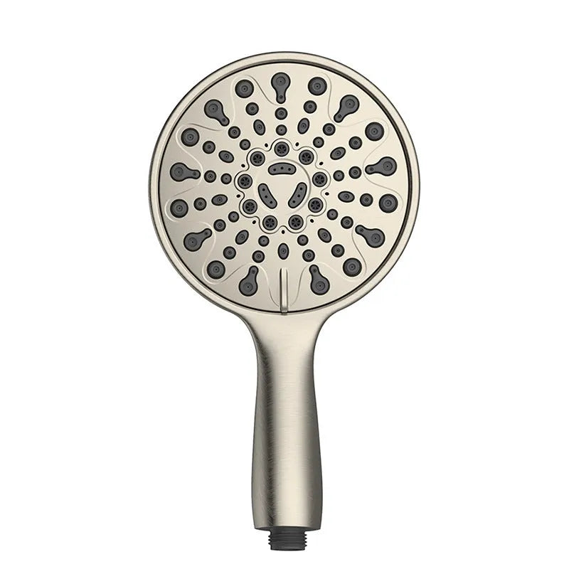 A 6-inch handheld shower head with an electroplated finish, showing its six-function dial.