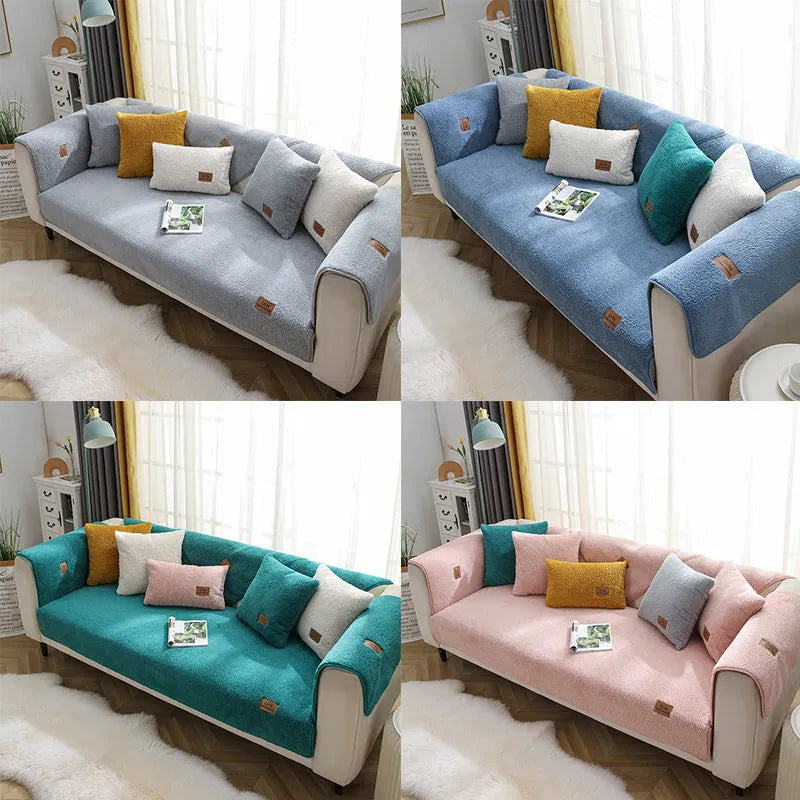 Solid colour plush sofa cover piece with anti-slip backing on a grey sofa