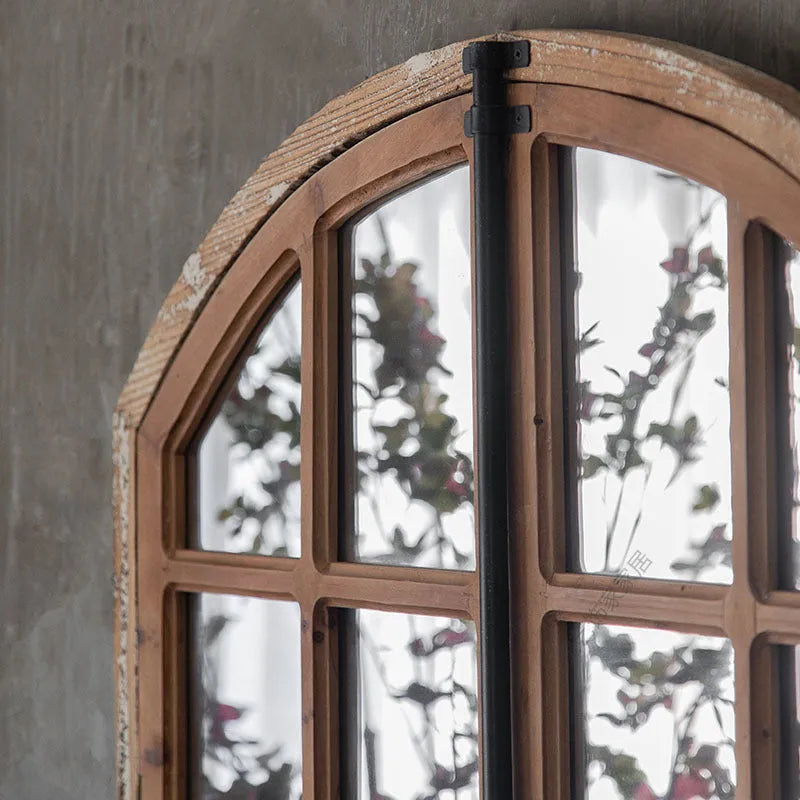 Distressed log colour wooden frame wall mirror with fake window design for terrace decoration