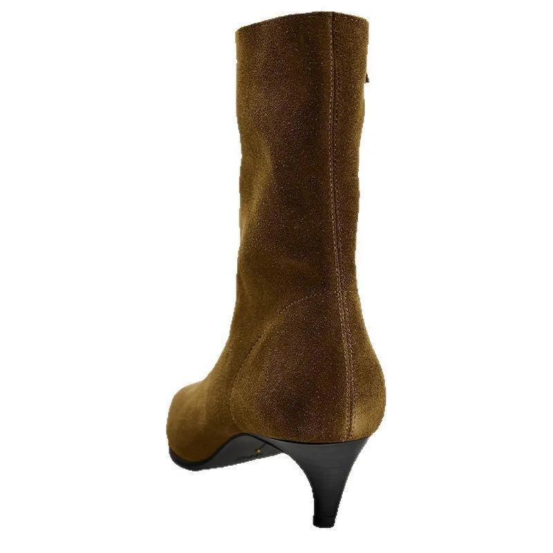 Brown square-toe mid-calf boots with a side zip and a stiletto kitten heel on a plain background.