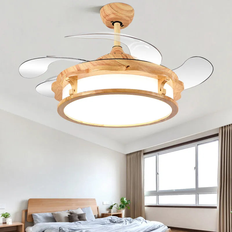 Japanese invisible ceiling fan lamp with wood lampshade, ABS blades, beige or yellow, 42 or 48 inch, 220V