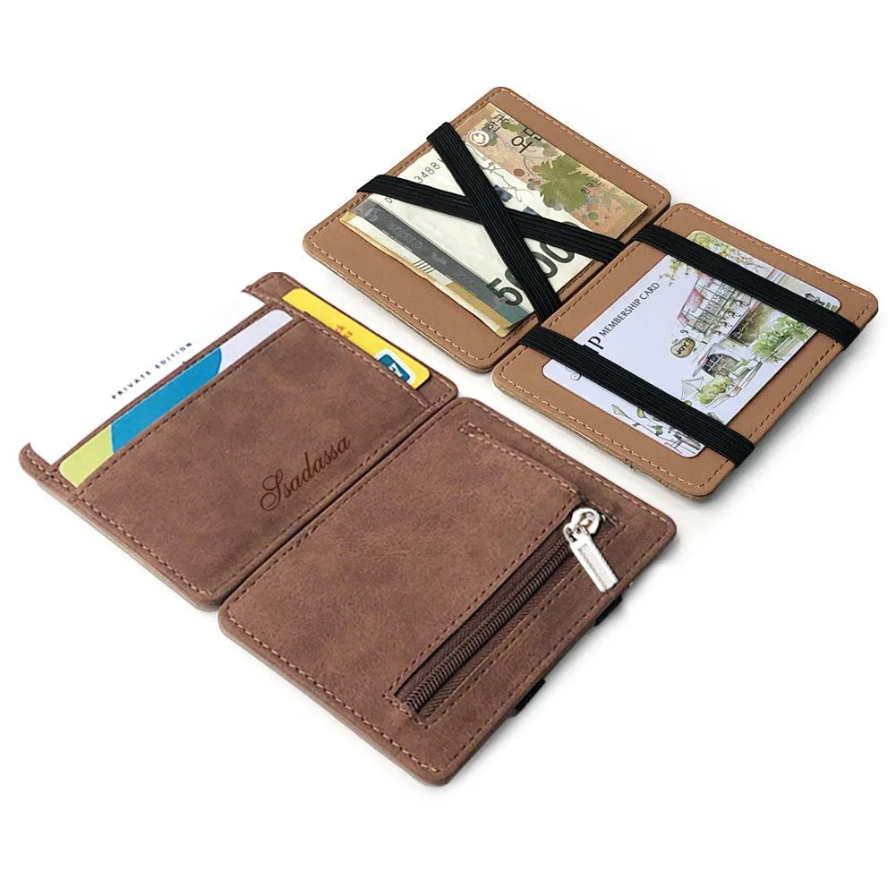 Korean style matte leather magic wallet showing horizontal square shape and sewing line detailing