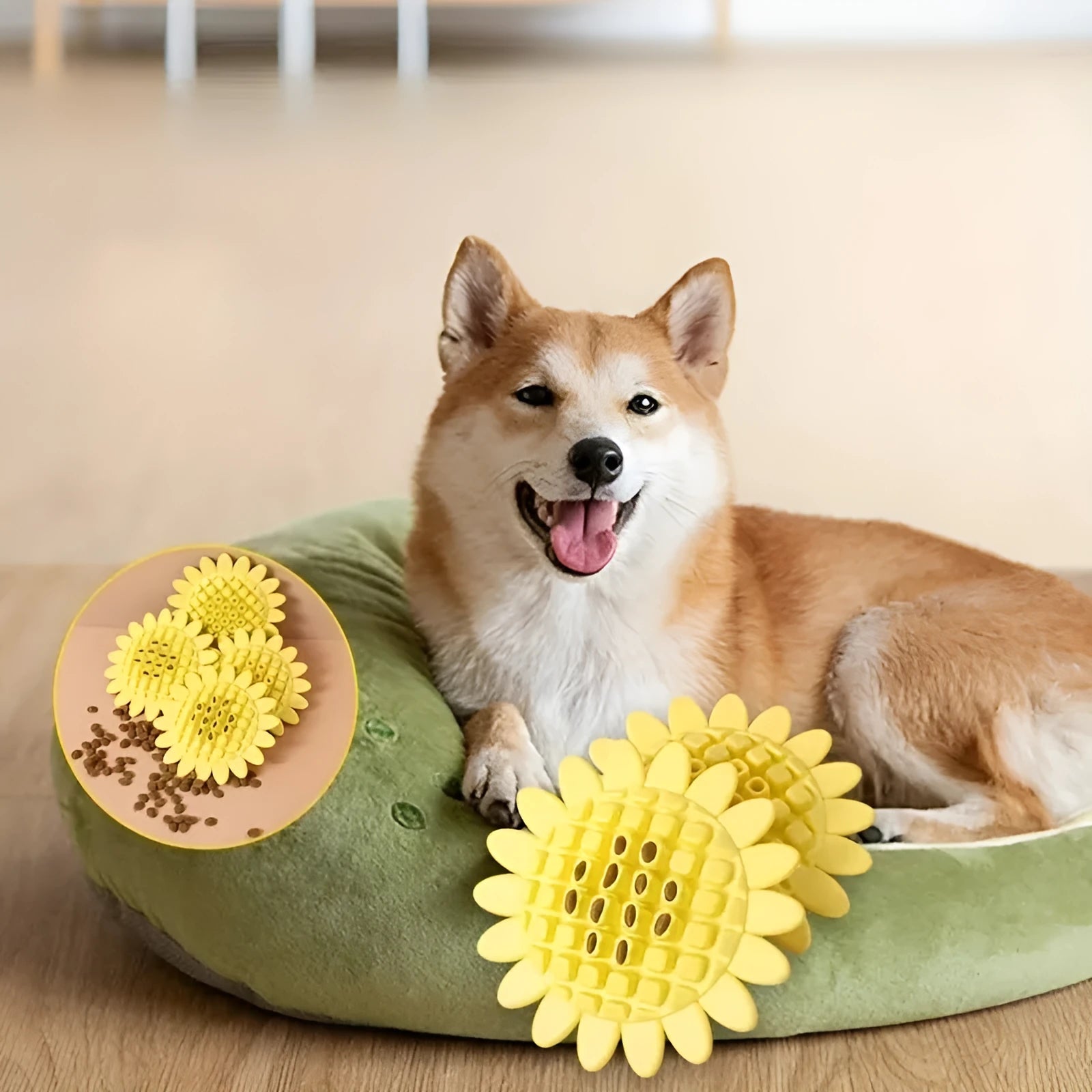 Yellow rubber sunflower-shaped dog chew toy for puppy teething and play
