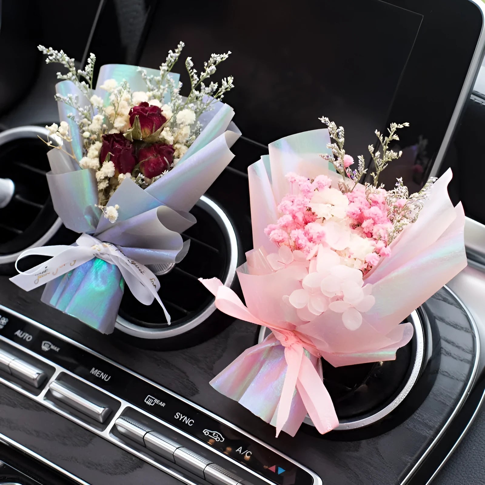 Handmade dried flower car vent perfume with scented inserts in various colours