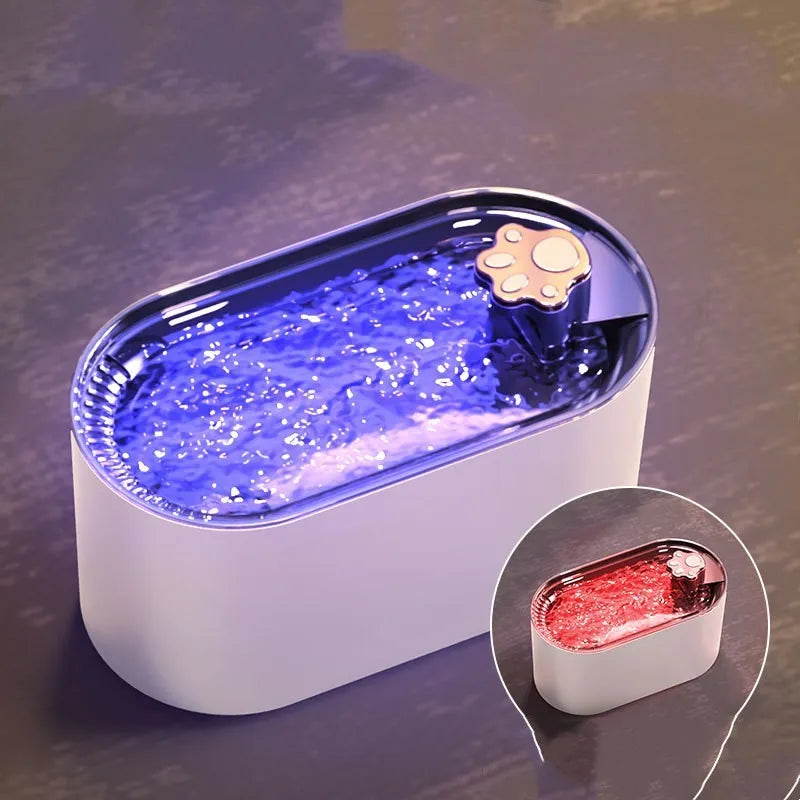 Berlin blue automatic pet water fountain with quiet pump and triple filter on floor.