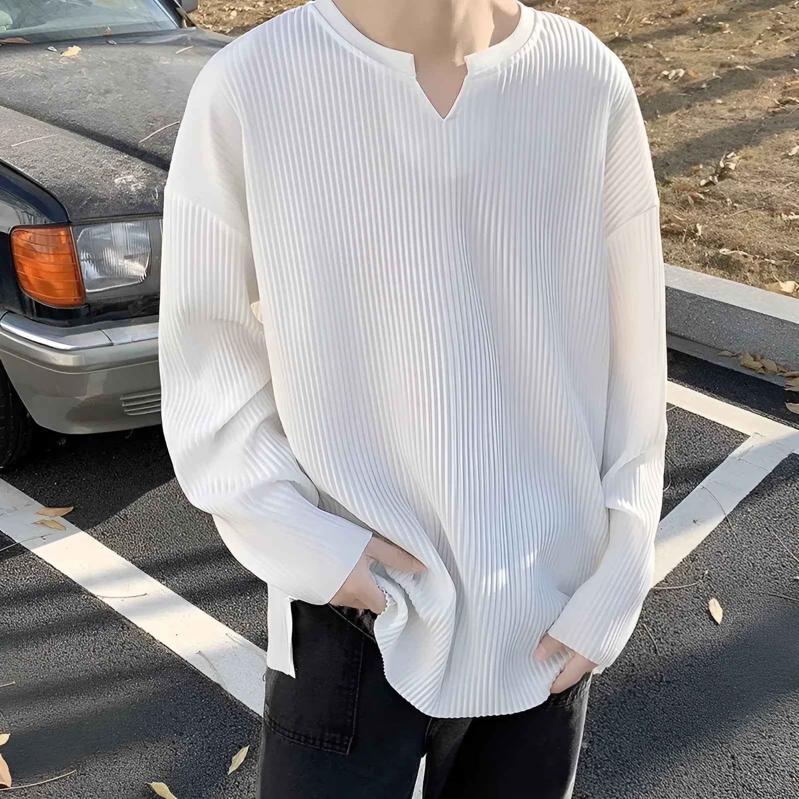 Plus size women's striped pullover tunic with loose draping fit in black, white or grey