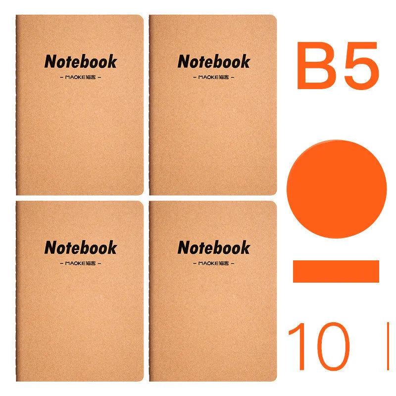 Set of 10 kraft paper notebooks with various hand-painted covers, shown open to display thread binding.