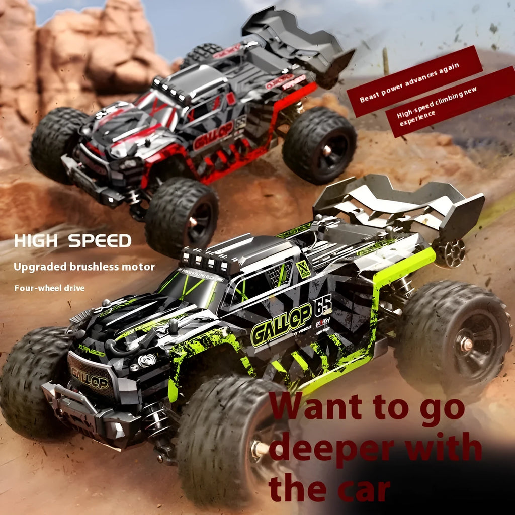 Brushless four-wheel drive remote control car in green with metal drive shaft and 50 km/h speed rating