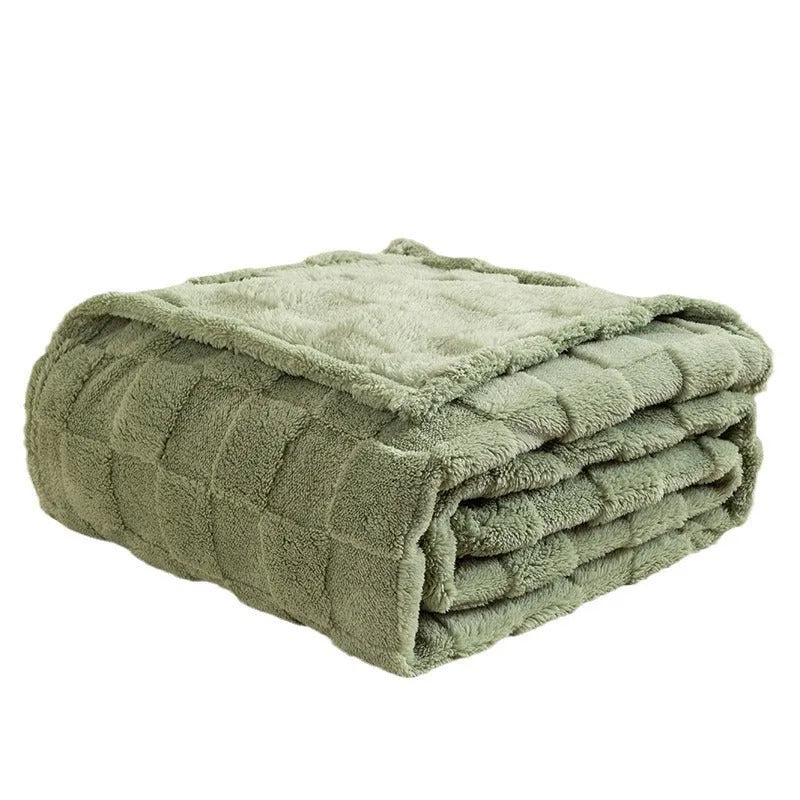 Geometric pattern polyester blanket in cream colour showing textured design and thickened construction