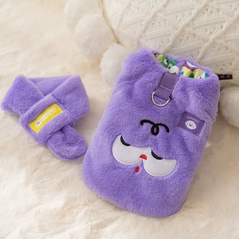 Autumn winter dog hoodie with cute bear design and scarf in pink or purple, sizes XS to XXL
