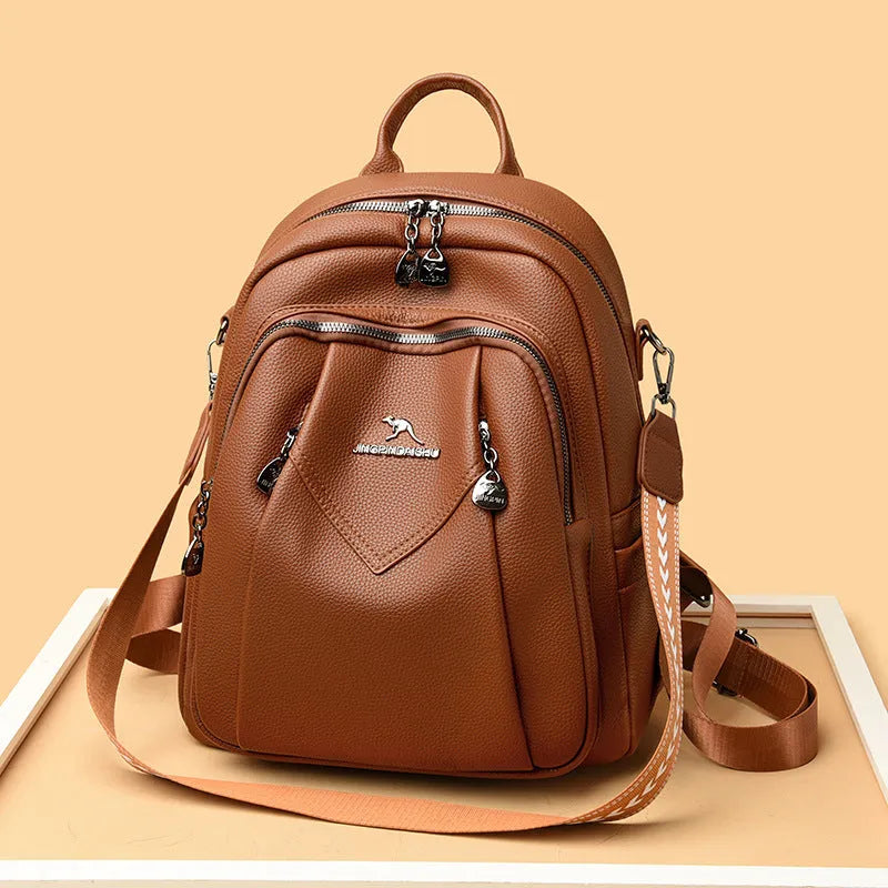 Geometric patchwork genuine leather backpack with belt decoration in beige available for travel