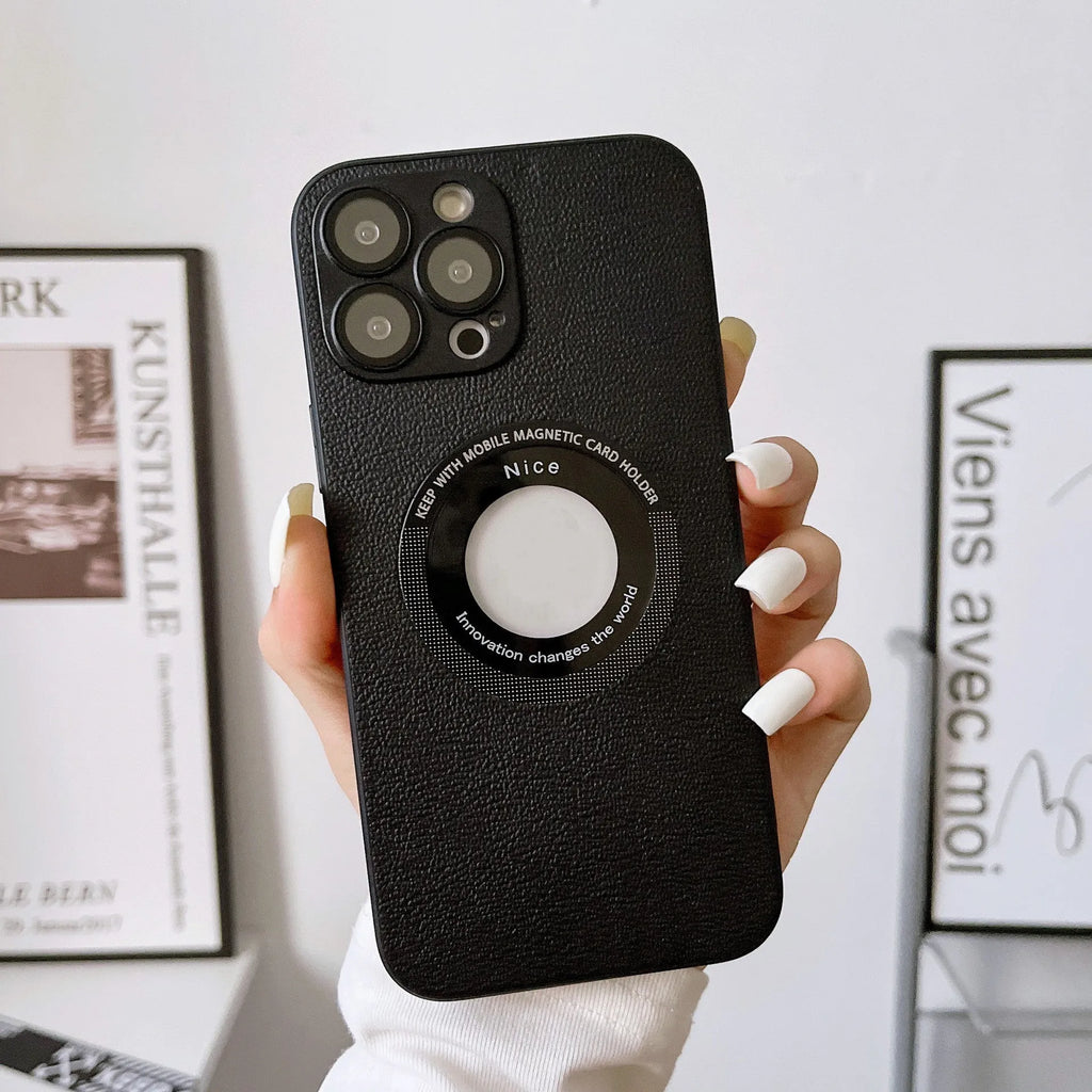 Black litchi grain leather phone case for iPhone 15 Pro with magnetic suction and anti-fingerprint finish