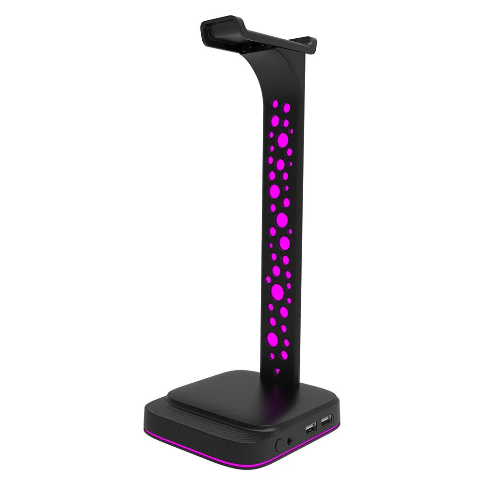 RGB colour changing headset bracket with USB ports displaying headphones