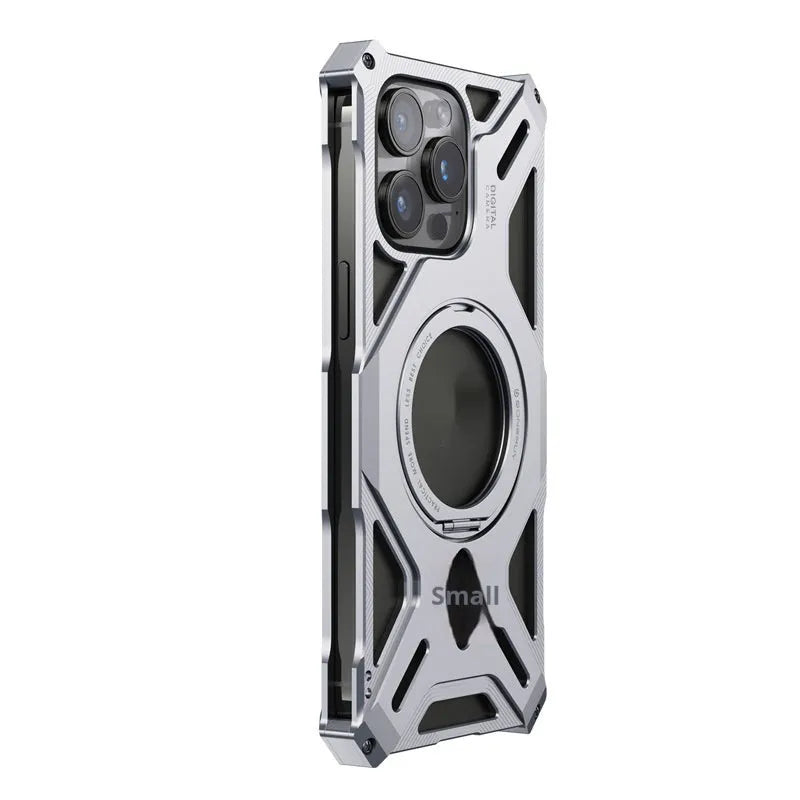 M10 aluminum alloy phone case with 360° rotating bracket in deep space gray for iPhone 16 Pro Max