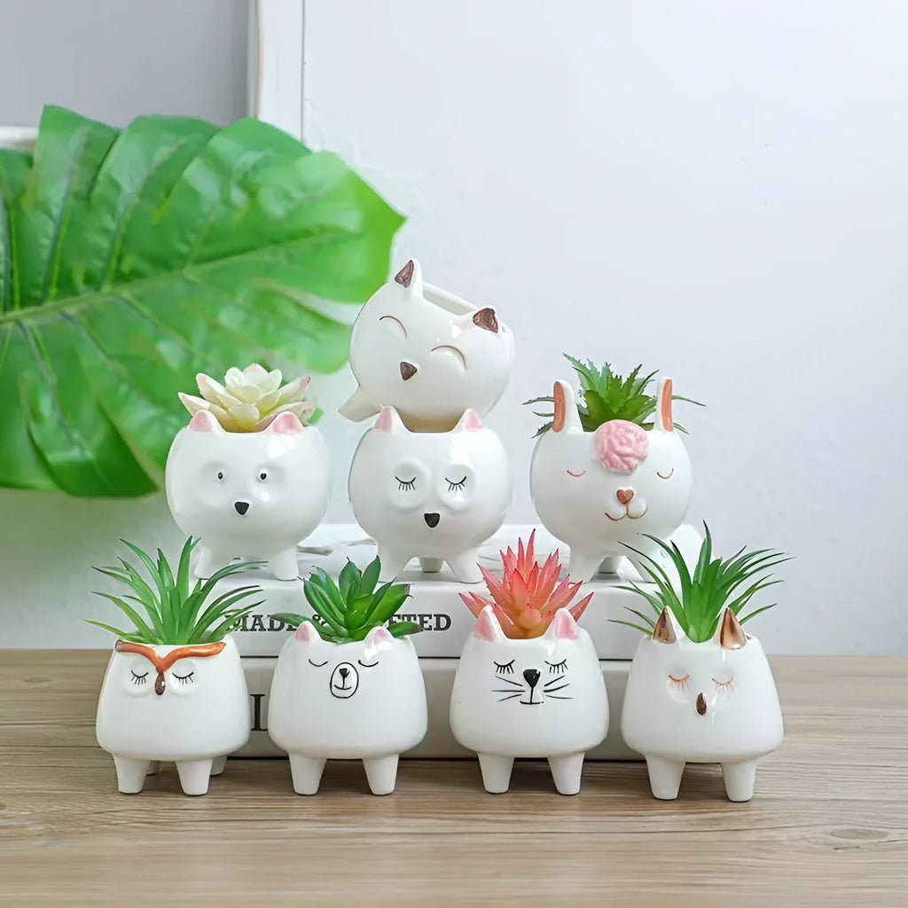 Ceramic succulent flowerpot with hand-painted cartoon animal design in pastel colours