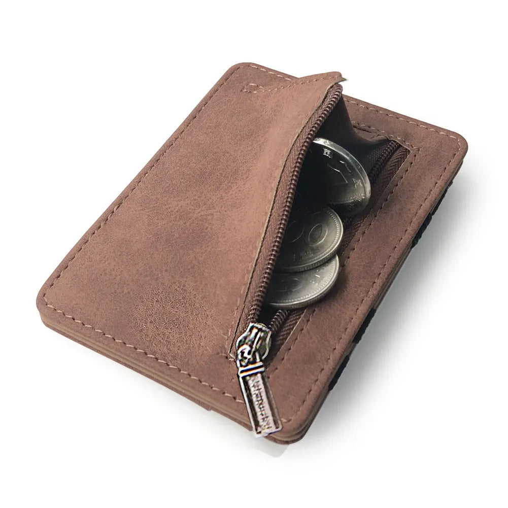 Korean style matte leather magic wallet showing horizontal square shape and sewing line detailing