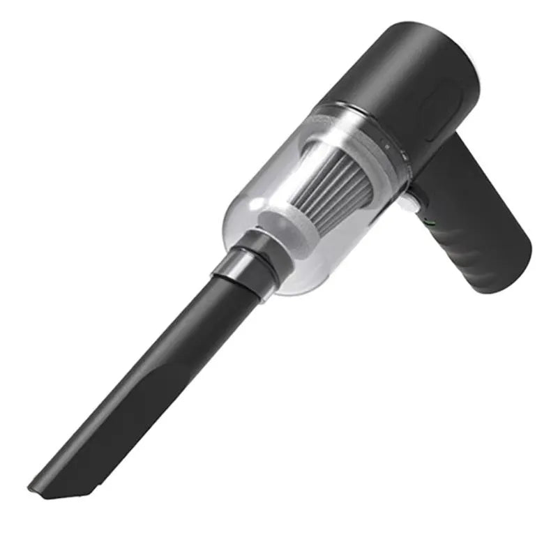 Black handheld cordless car vacuum cleaner with USB charging port