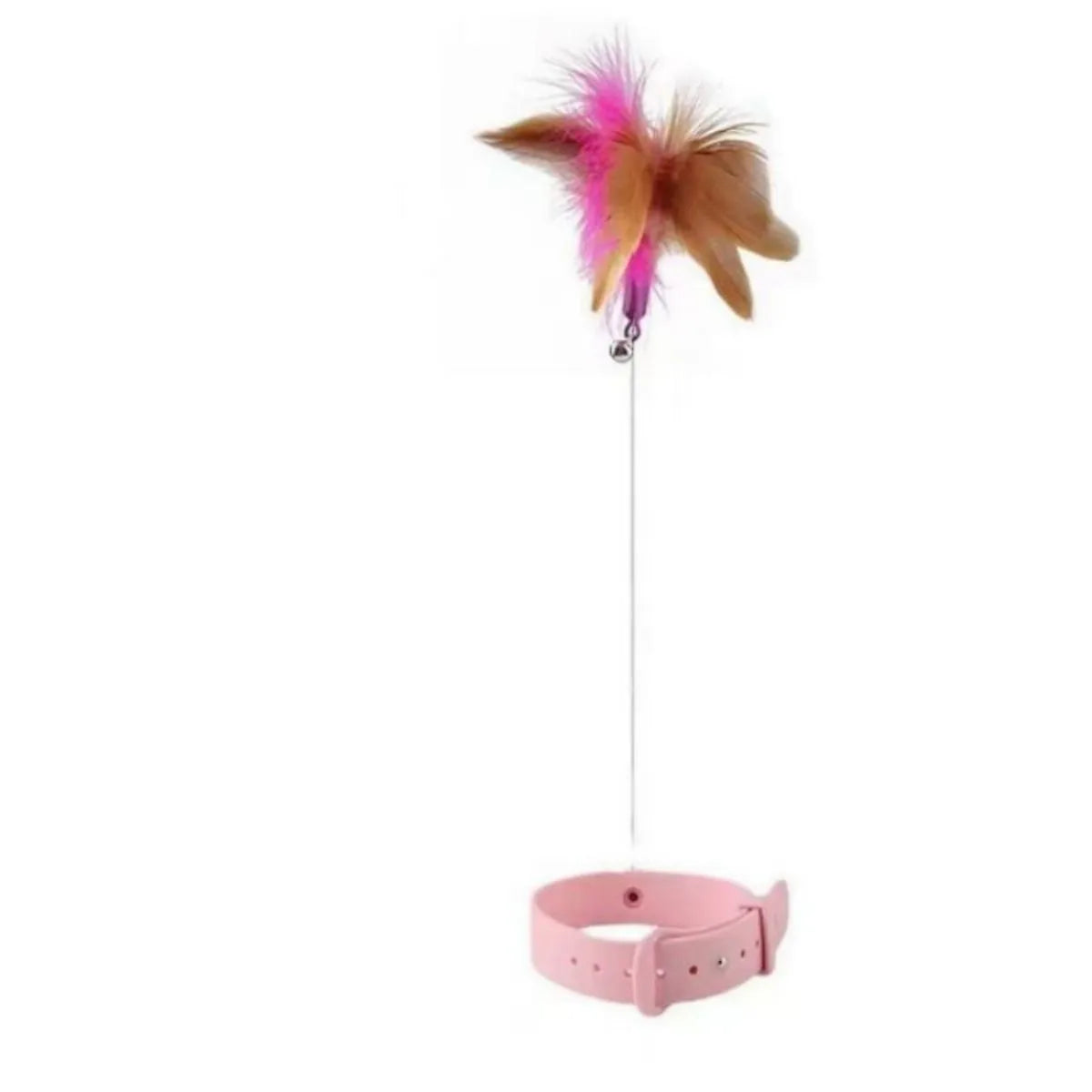Blue adjustable cat collar with attached silicone wand and a feather and bell toy.