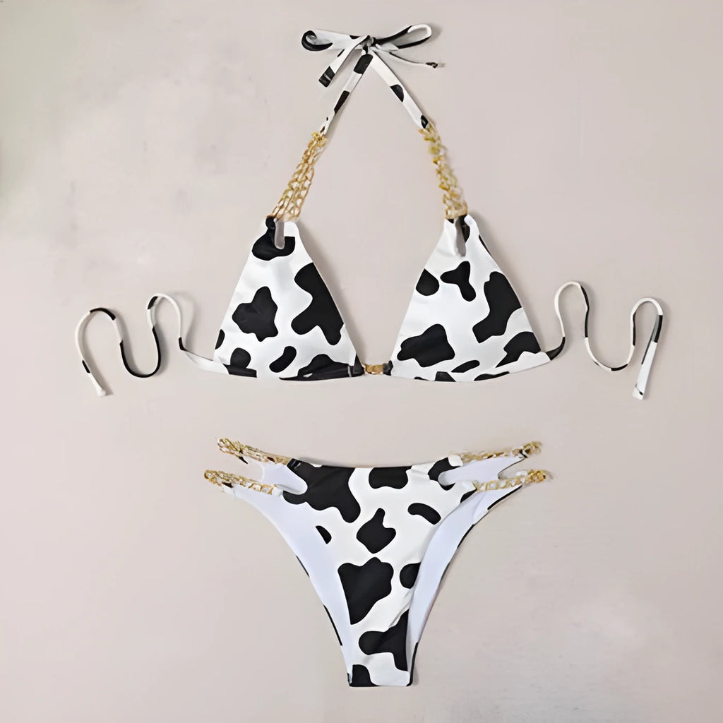 Women's two-piece bikini set with steel support top, polyester fabric, sizes S-XL, black floral or white, includes bra and panties.