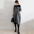Loose oversized round neck patchwork dress for women, flutter sleeves, high waist pencil skirt, in gray colour