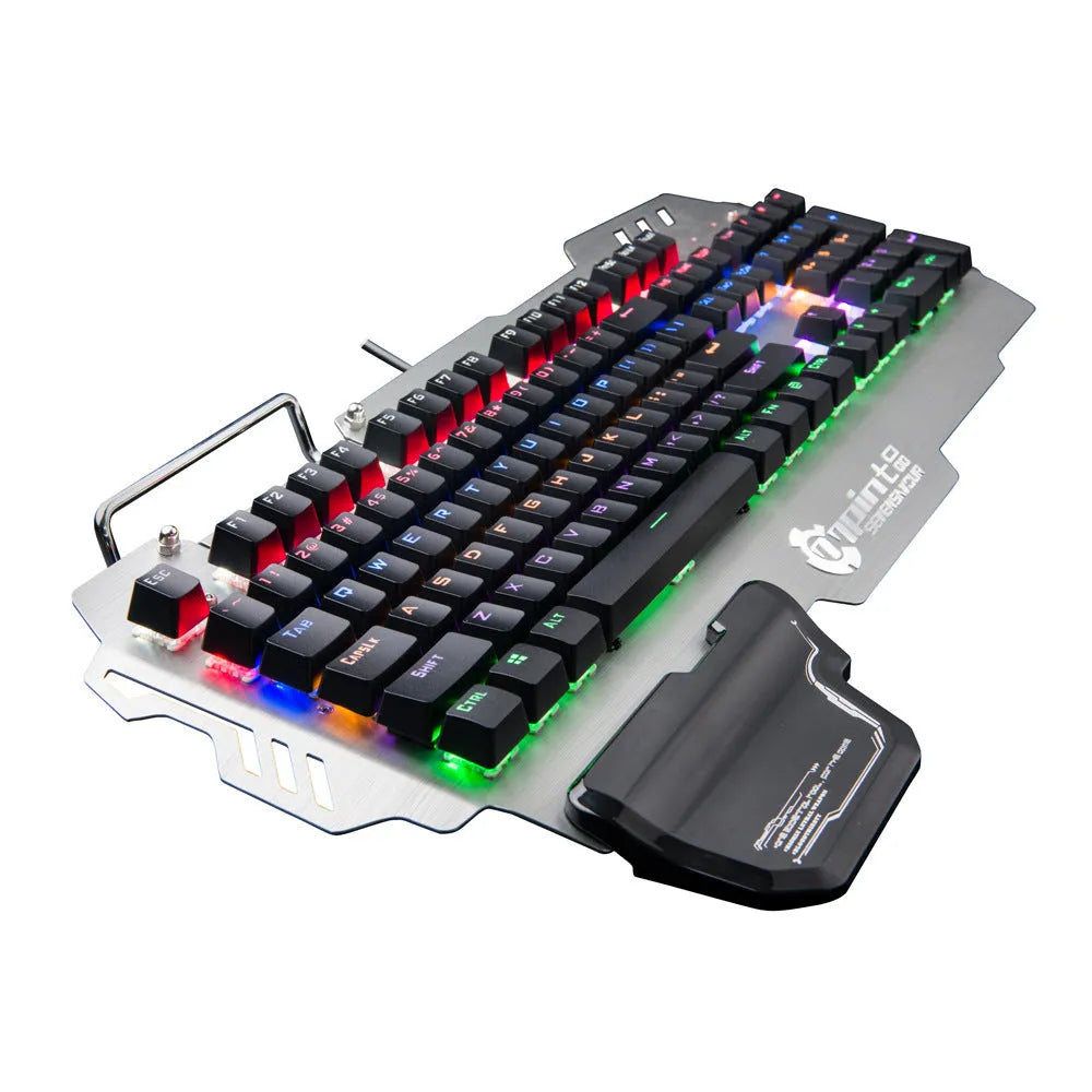 Silver metal gaming keyboard with detachable wrist splint on desktop