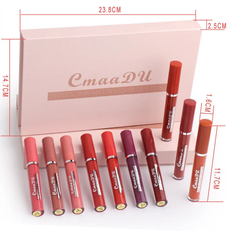 10-pack women's waterproof matte lipstick set with compact packaging and photo-ready colours