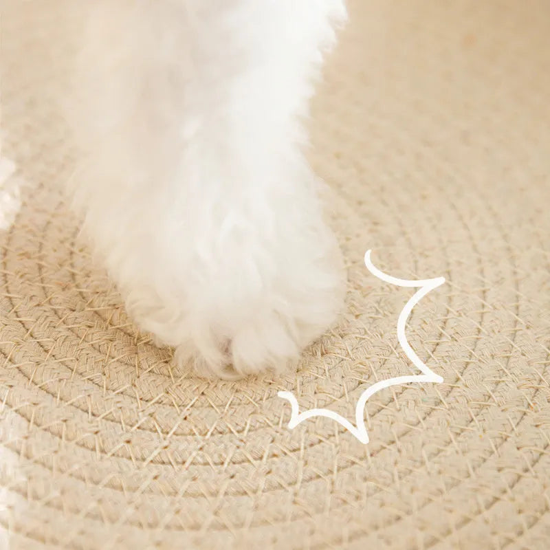Green oval cat scratching pad and bed made from sisal fibre.