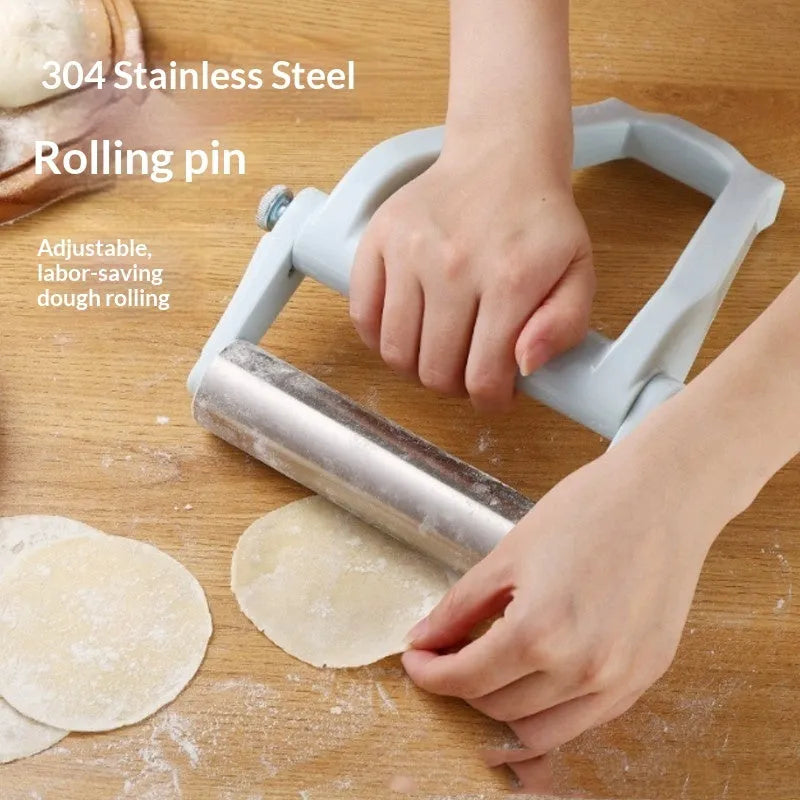 Sky blue folding stainless steel rolling pin on a white background showing its compact mechanism