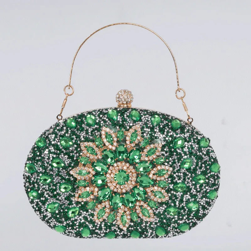 Gold hardware and rhinestone banquet handbag with structured retro design measuring 20cm wide