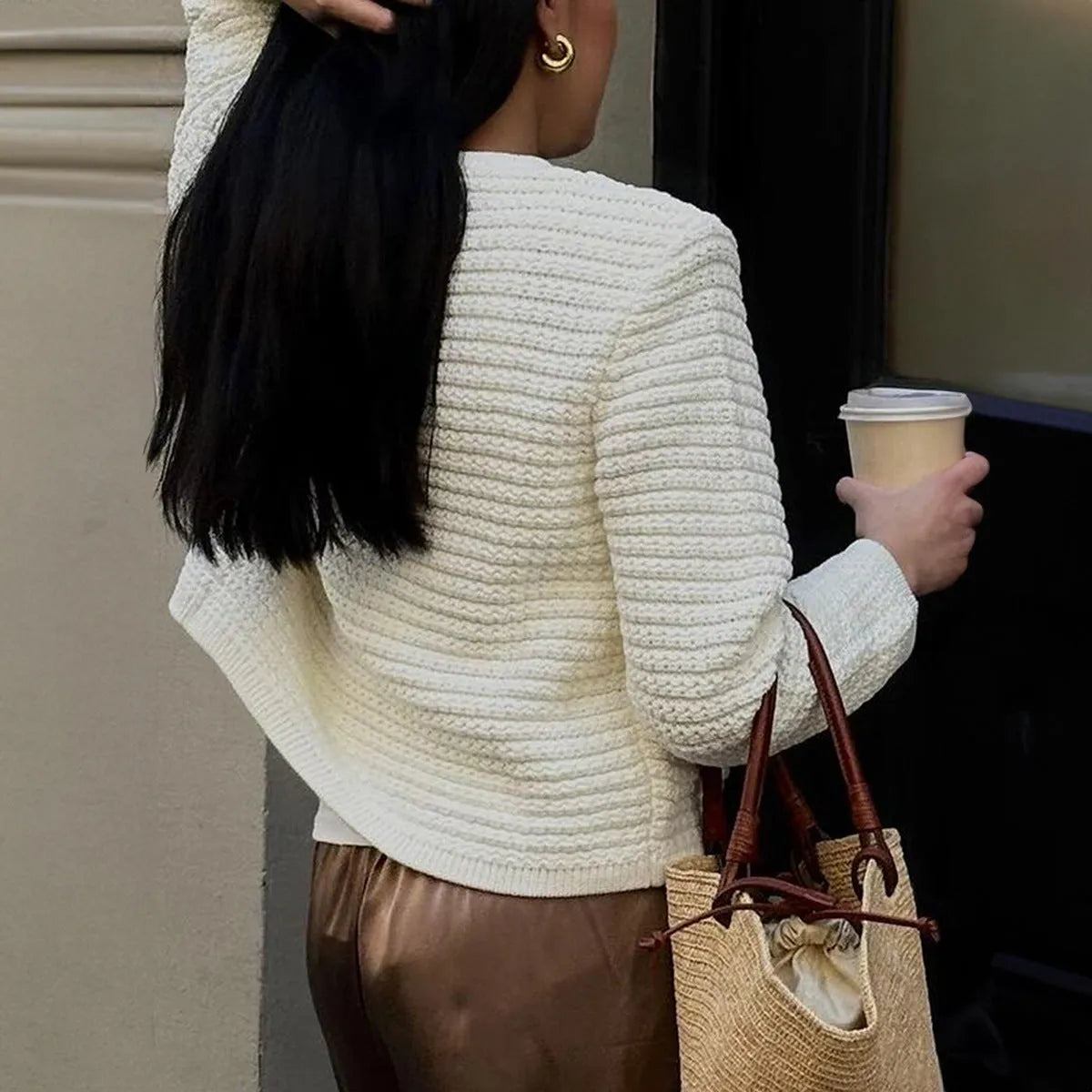 White women's long sleeve button shirt sweater, sizes S M L XL, polyester, regular sleeve, Asian sizing