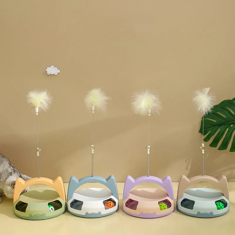 Bite resistant cat stick toy with a coloured spinning ball for interactive indoor play.
