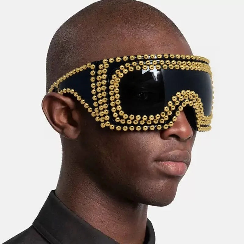Men's super large rim square sunglasses with rivets, PC frame and lenses, gold finish