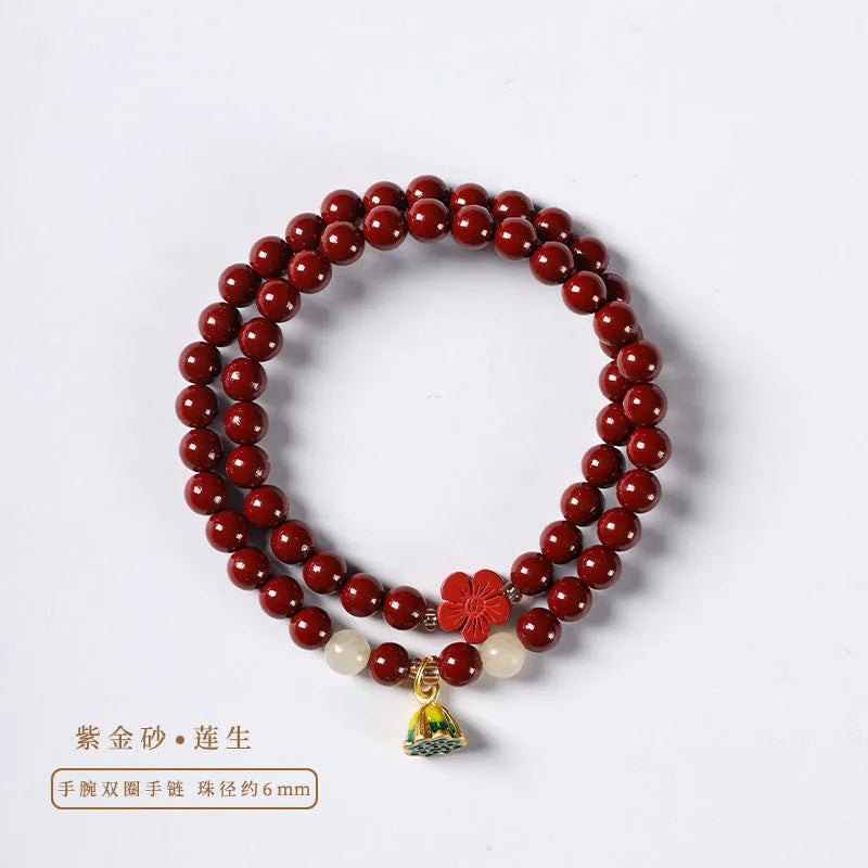Purple Gold Sand women's bracelet with hand-woven 6mm beads and double circle design featuring Lotus seedpods