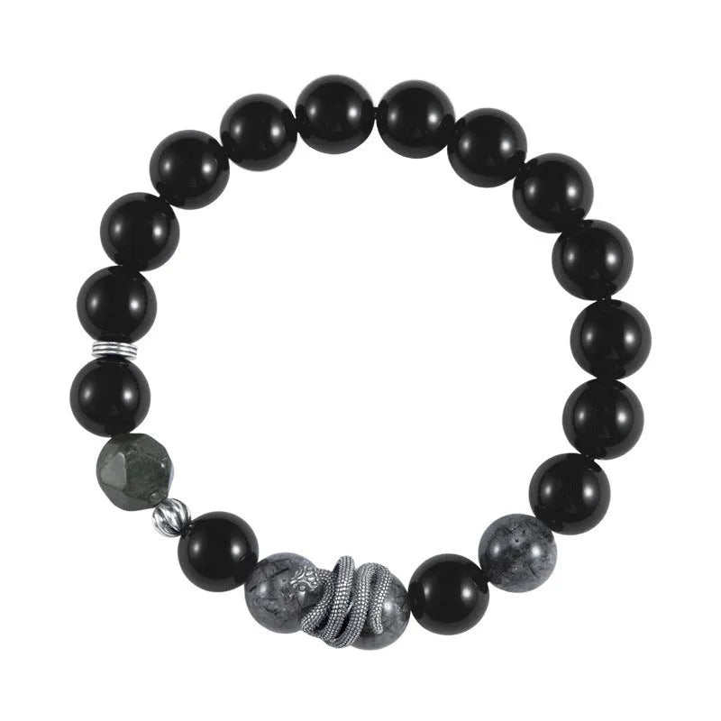 Men's black obsidian snake zodiac bracelet in S925 sterling silver with retro styling and 10mm width
