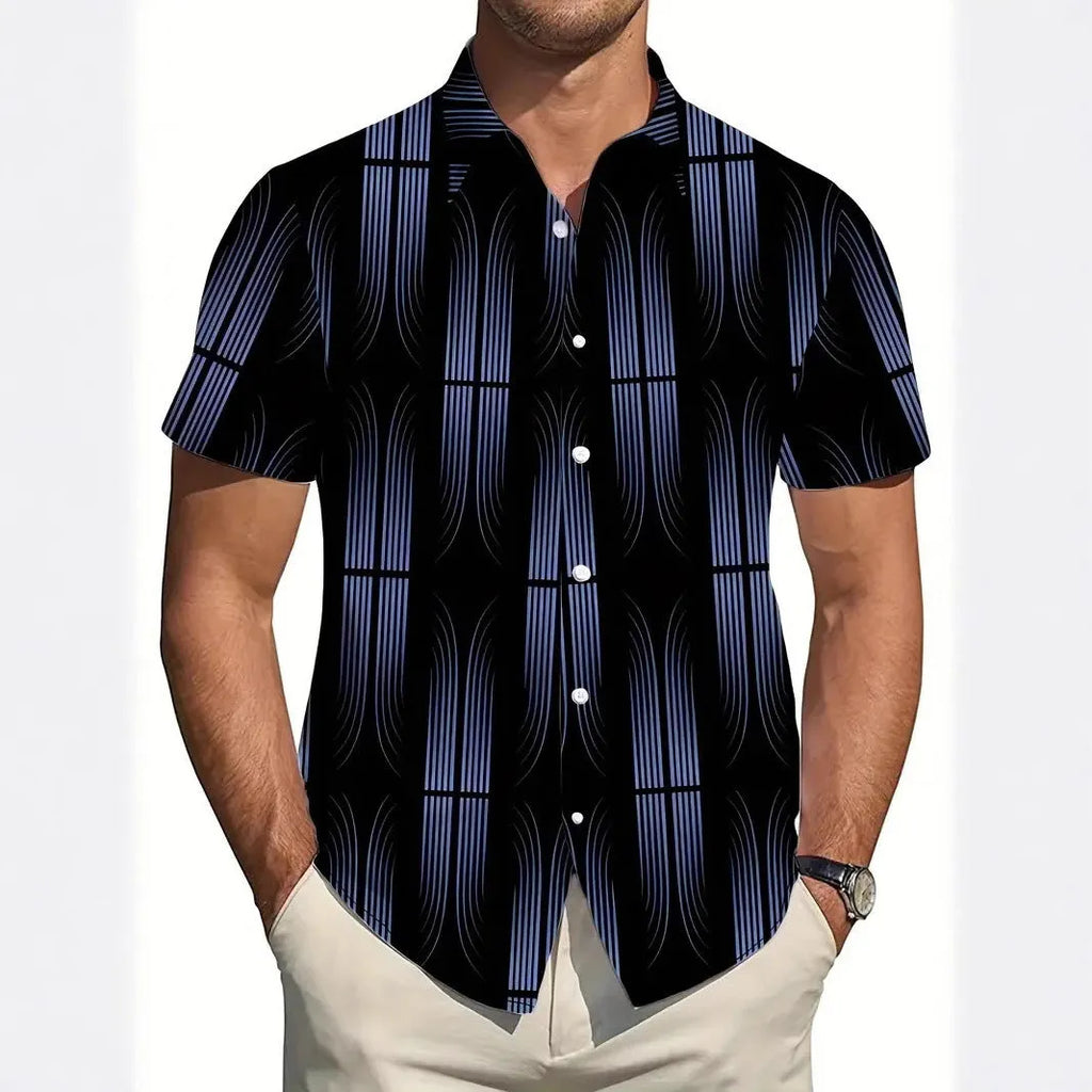 Men's geometric patterned short sleeve shirt with lapel collar in slim fit
