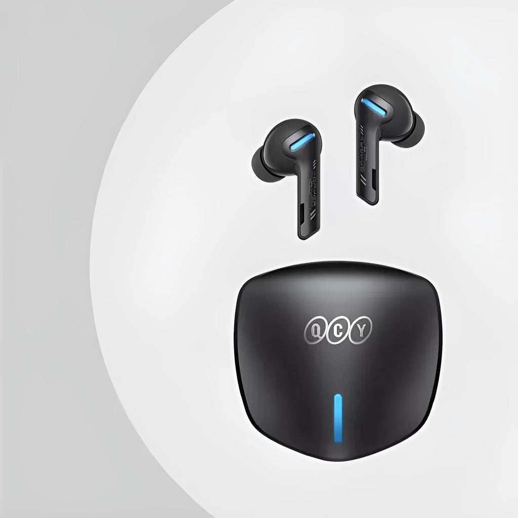 Grey QCY BH21G1A wireless Bluetooth gaming headset with charging case and ear tips