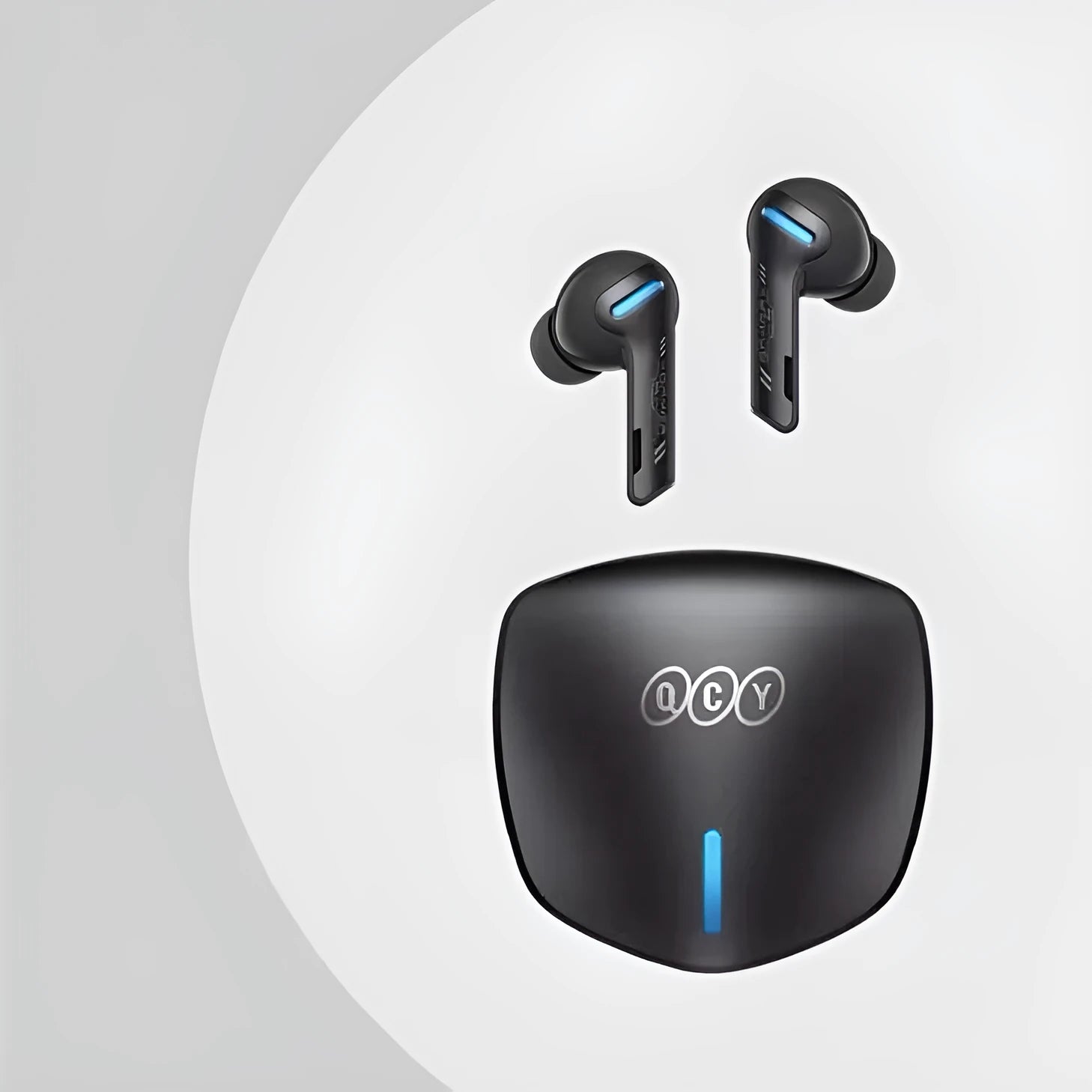 Grey QCY BH21G1A wireless Bluetooth gaming headset with charging case and ear tips