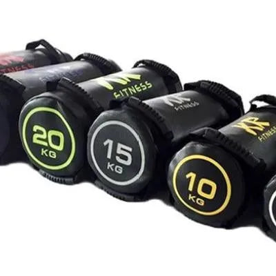 Flat white PVC fitness sandbag for weight training on a gym floor.