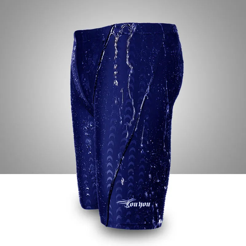 Shark skin five-point men's swimming trunks in polyester with spandex lining, black or blue, sizes L to 5XL