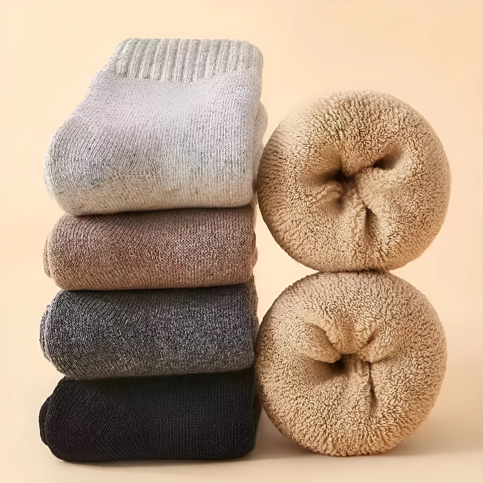 Pair of thick, solid-colour men's winter wool socks showing reinforced heel and midsole cushioning.