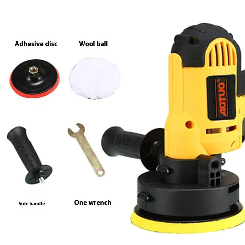 Yellow 700W car polishing machine set with polishing disk wool ball and side handle on white background