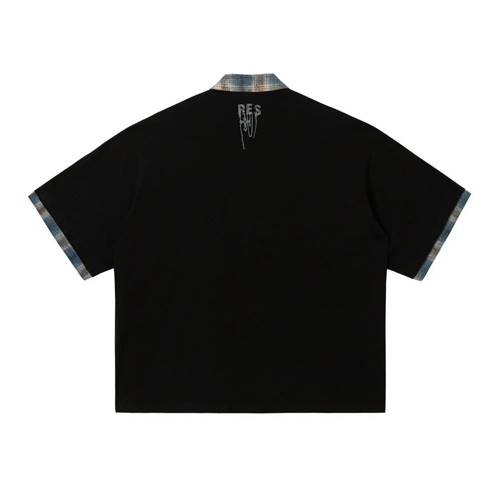 Men's loose blue cotton top with graffiti print and asymmetrical street style design.