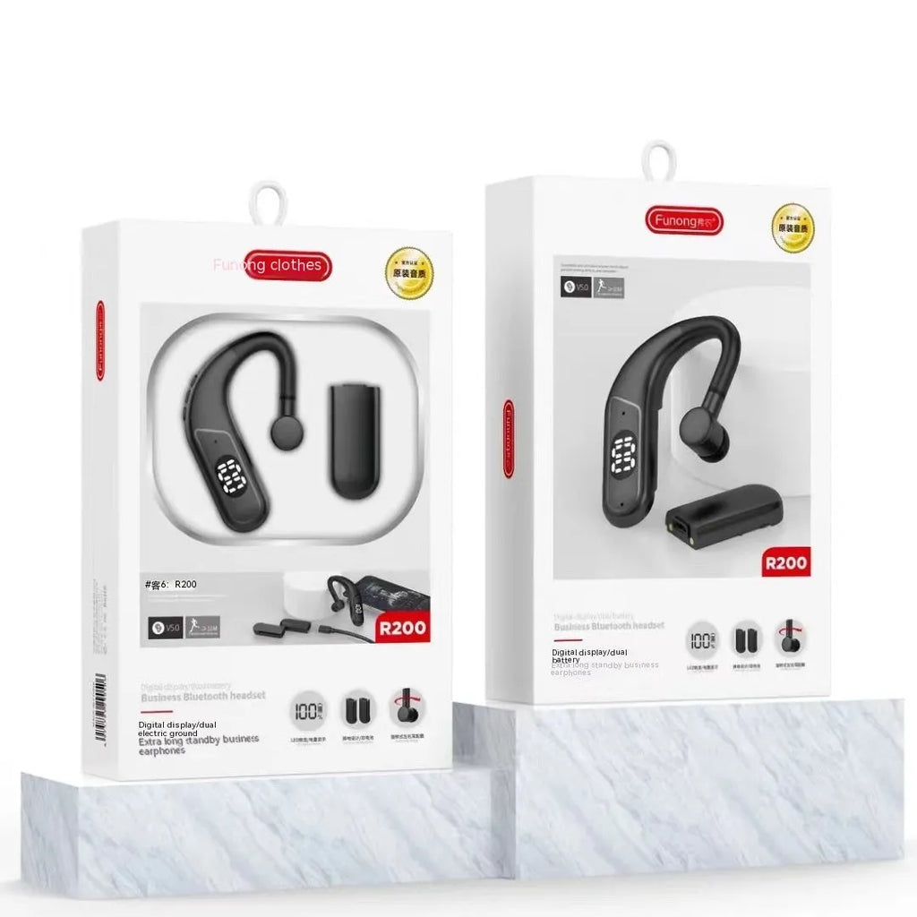 Black Vernon R200 digital display ear hook Bluetooth headset with in-ear fit and dual battery design