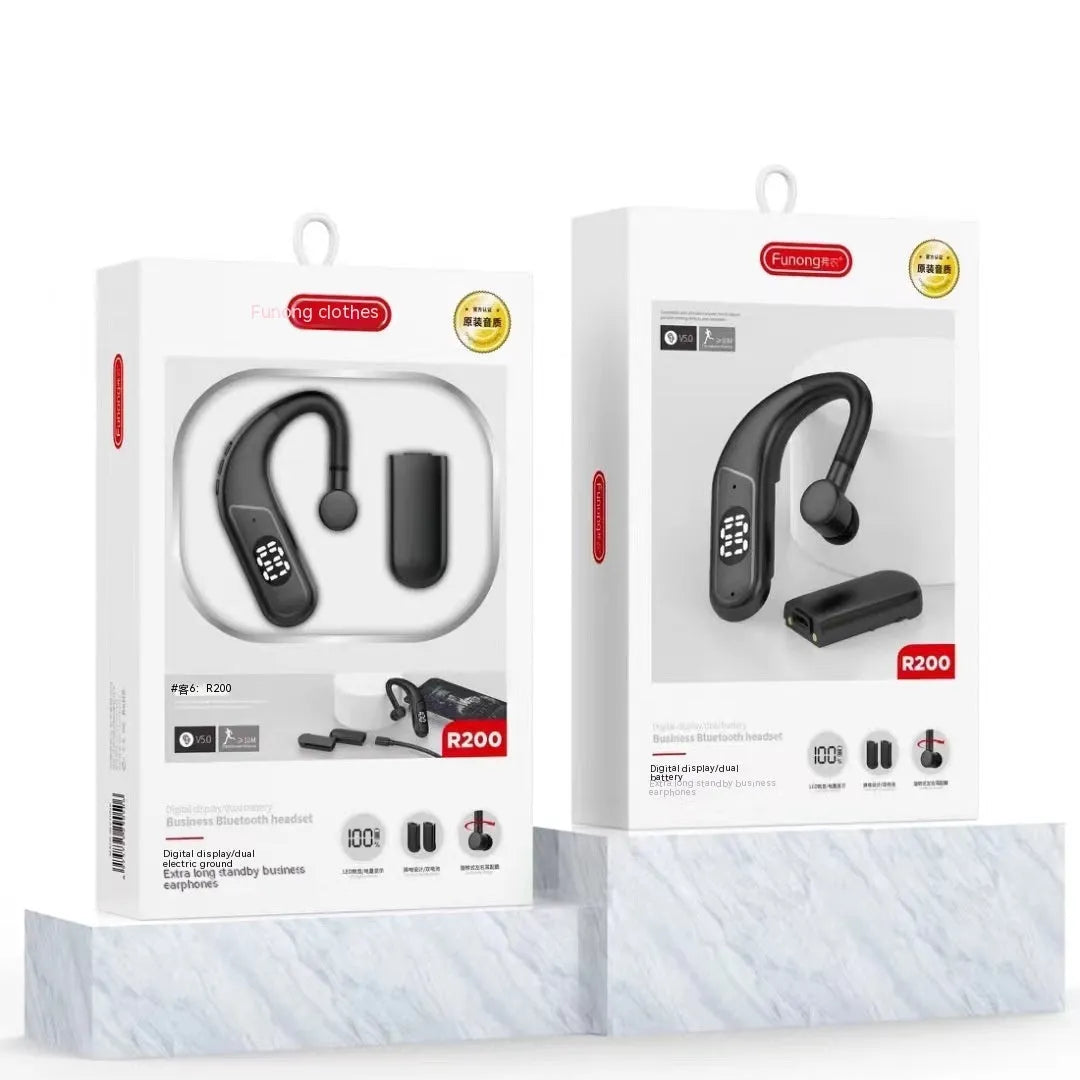 Black Vernon R200 digital display ear hook Bluetooth headset with in-ear fit and dual battery design