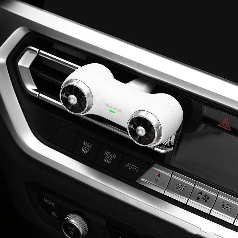 Compact black car air purifier with anion and aromatherapy functions showing 88mm dimensions