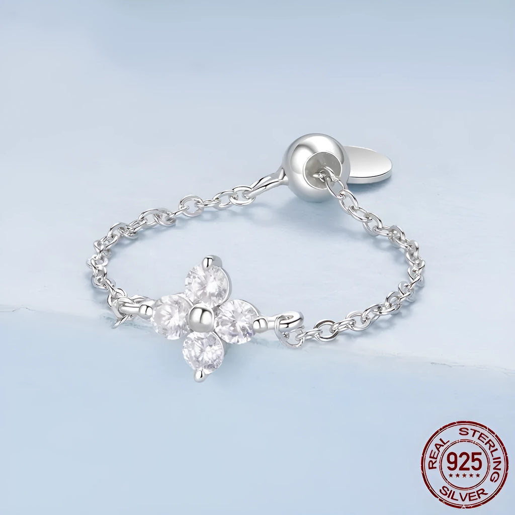 S925 sterling silver four-leaf clover chain ring with adjustable open band in BSR694-E colour